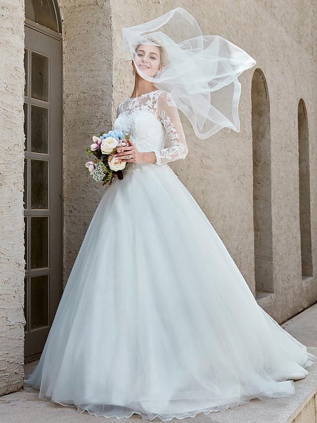 Ball Gown Bateau Neck Long Sleeves Chapel Train Tulle Bridal Gown With Lace 3