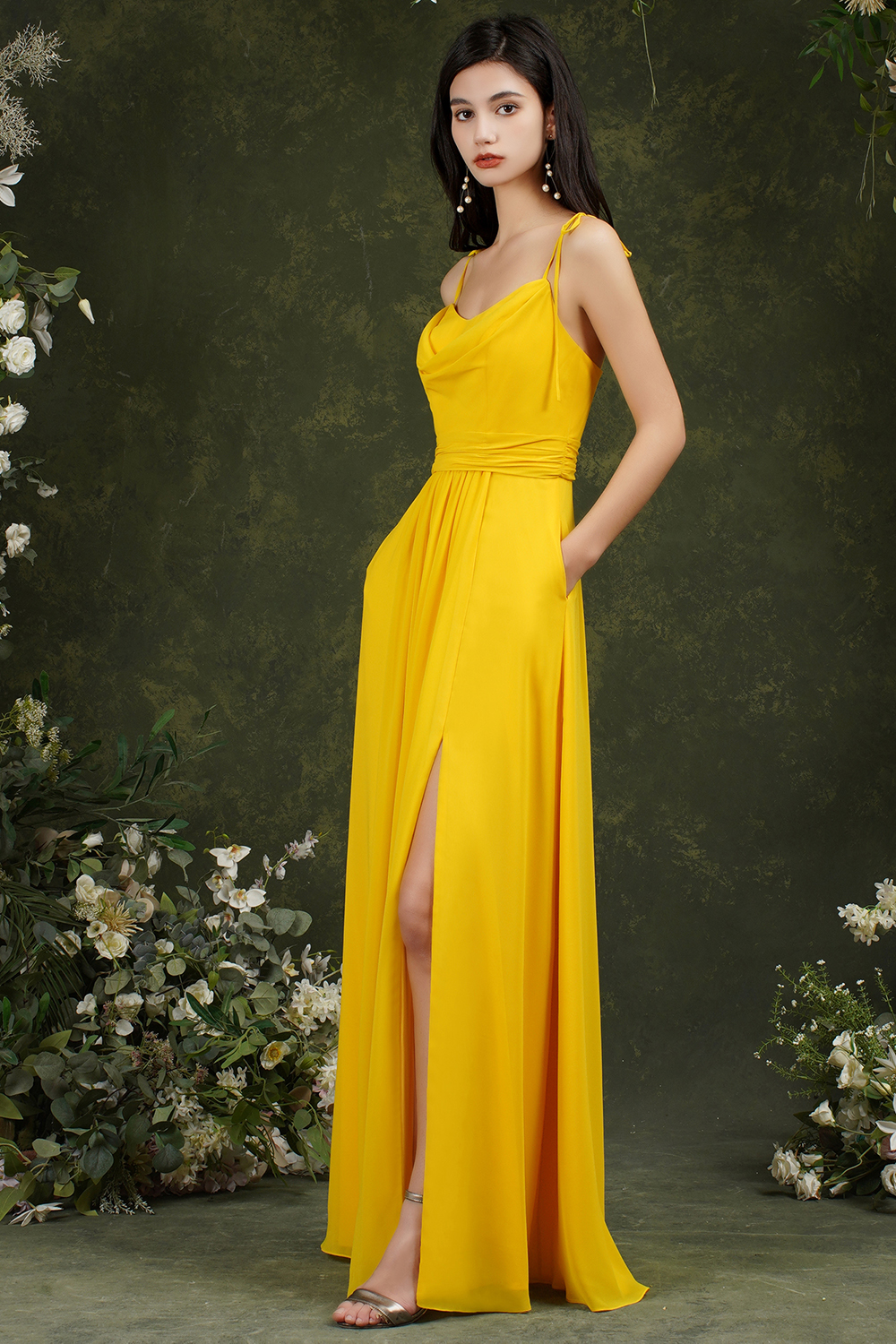 A-line Strapless Spaghetti Straps Sleeveless Floor-length 100D Chiffon Bridesmaid Dress With Ruffles 2