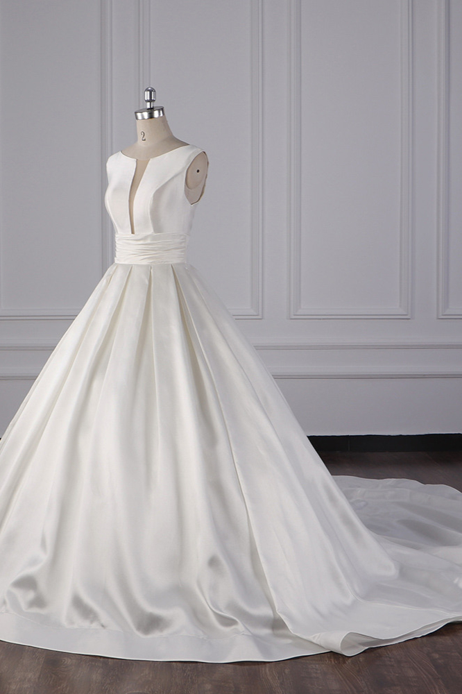 Ball Gown V-neck Jewel Neck Sleeveless Floor-length Satin Bridal Attire With Ruffles 3