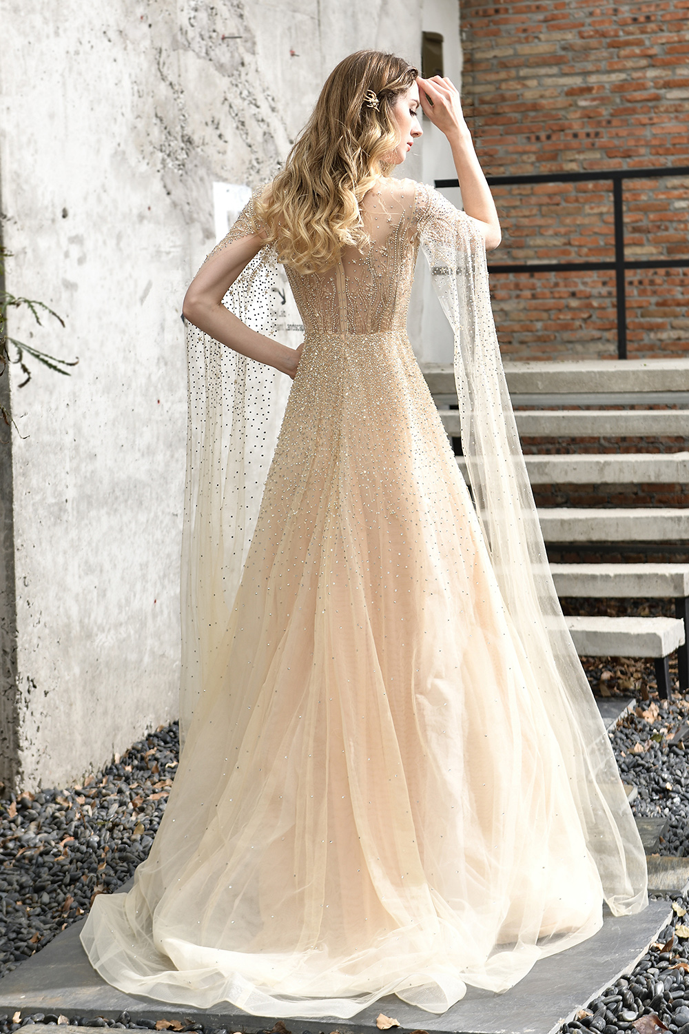 A-line Jewel Neck Long Sleeves Sweep / Brush Train Tulle Evening Gown With Beading 9