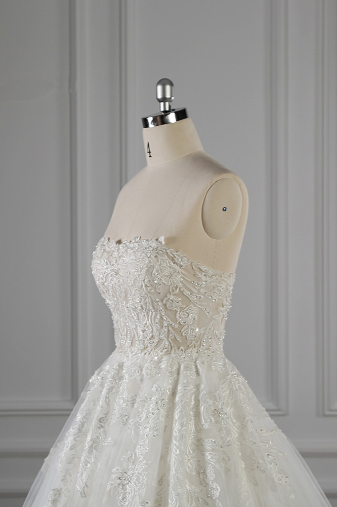 A-line Strapless Sleeveless Floor-length Tulle Bridal Dress With Beading 5
