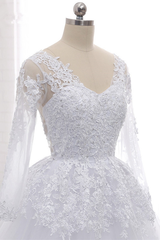 A-line V-neck Long Sleeves Floor-length Tulle Bridal Attire With Appliques 6