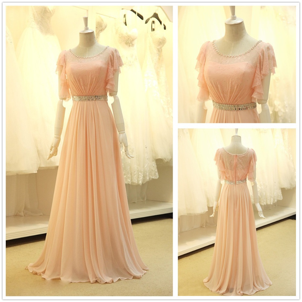 A-line Jewel Neck Floor-length 100D Chiffon Evening Dress With Crystal 2