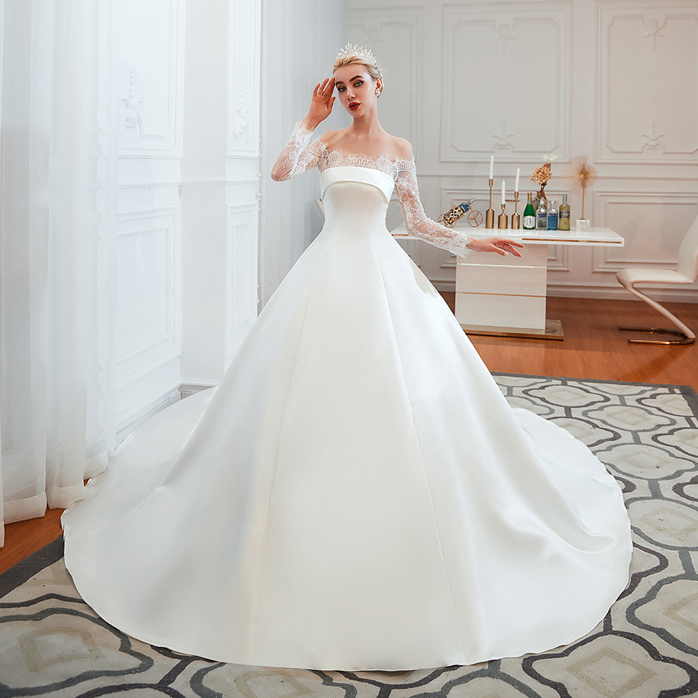 Bateau Neck Long Sleeves Cathedral Train Satin Wedding Gown With Lace 10