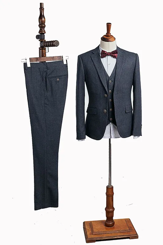 Dark Gray Striped 3 Pieces Slim Fit Business Suit 1