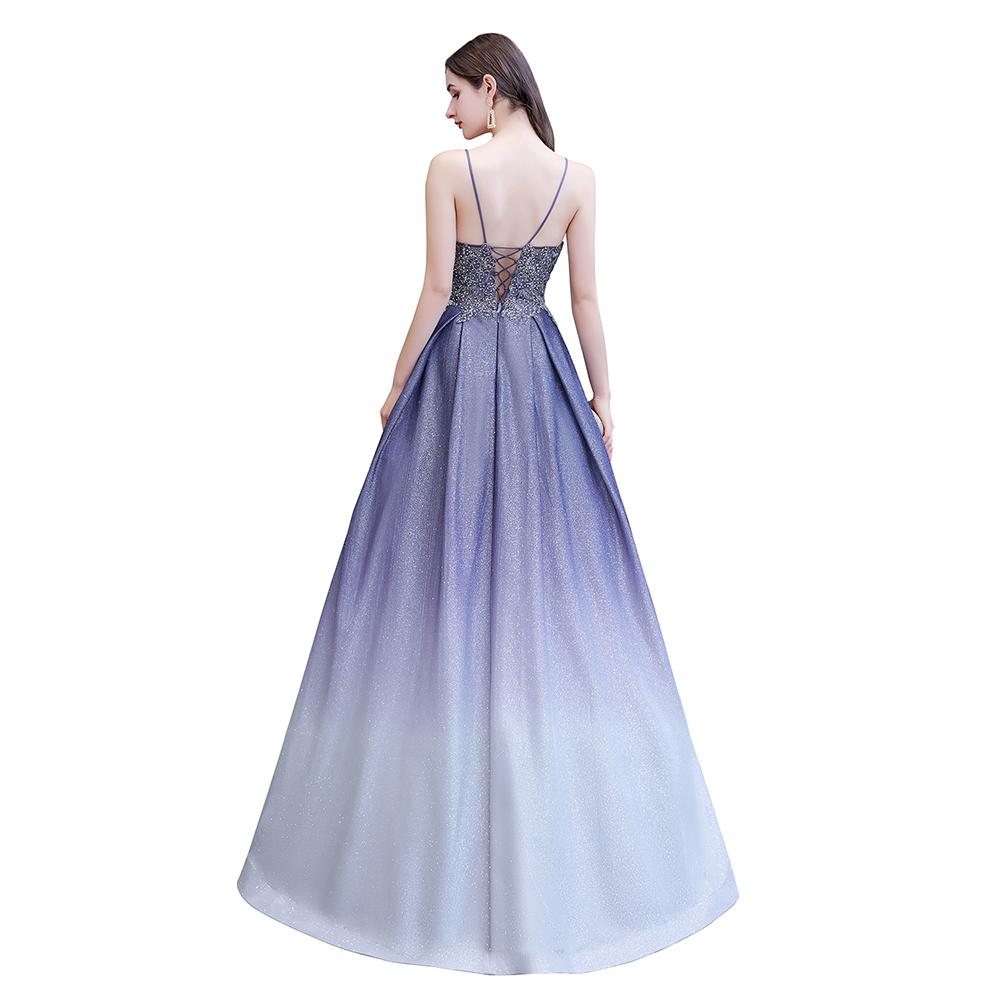 A-line Spaghetti Straps V-neck Sleeveless Sweep / Brush Train Satin Formal Dress With Appliques 11