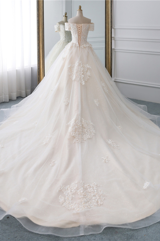 A-line Bateau Neck Short Sleeves Cathedral Train Tulle Wedding Gown With Appliques 2