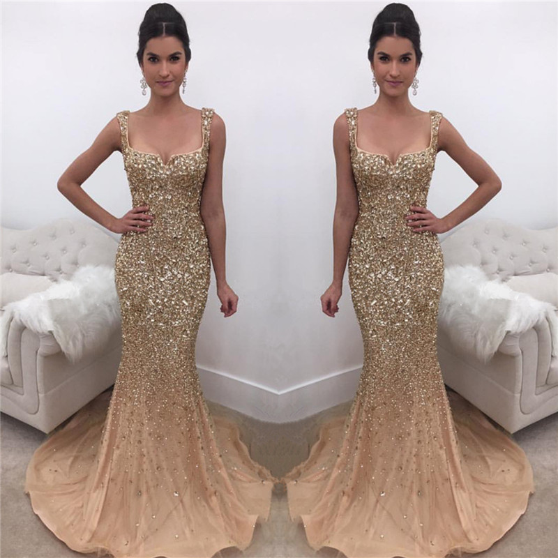 Mermaid Straps Sleeveless Sweep / Brush Train Tulle Formal Dress With Crystal 2