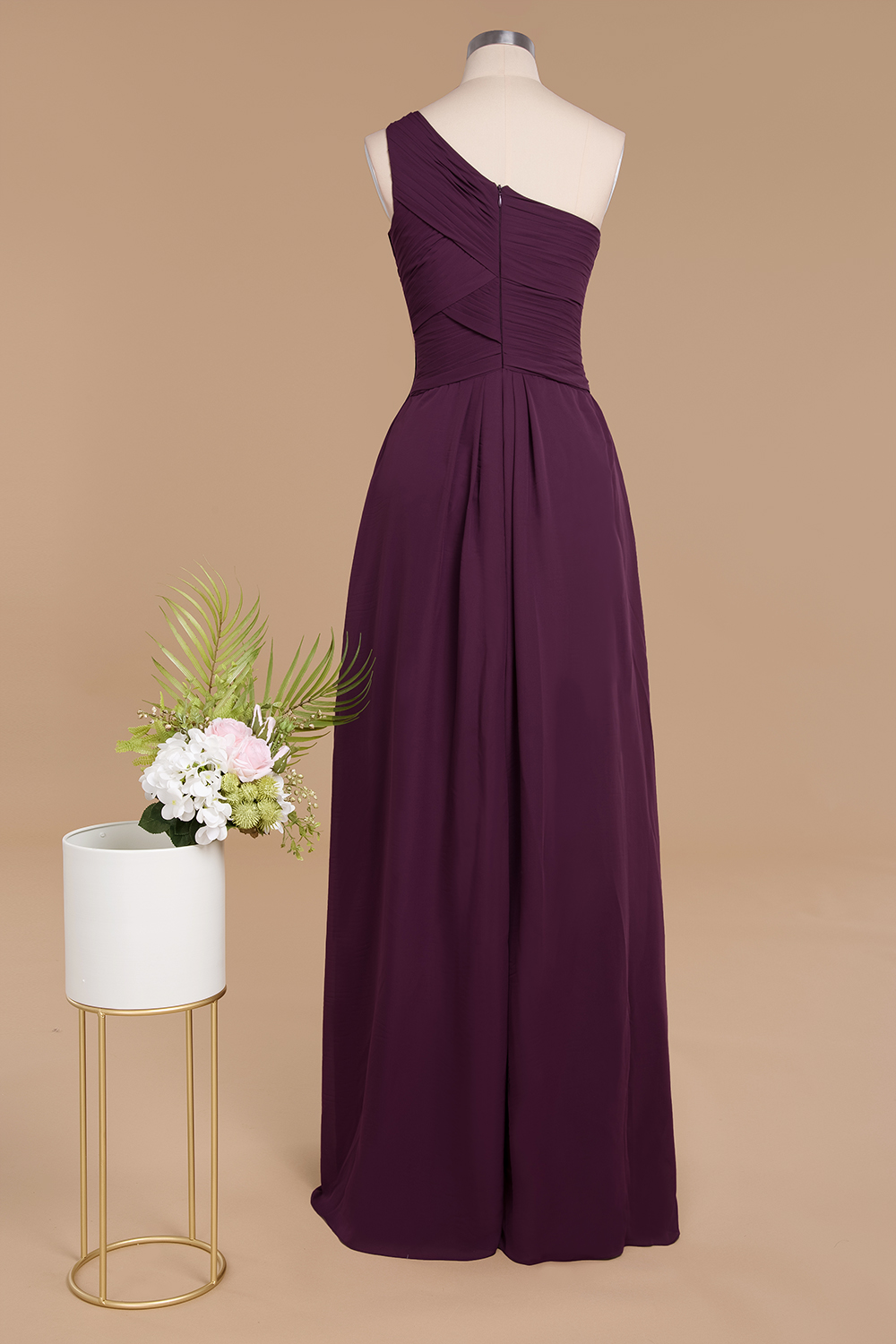 A-line One Shoulder Sleeveless Sweep / Brush Train 100D Chiffon Bridesmaid Outfit With Ruffles 2