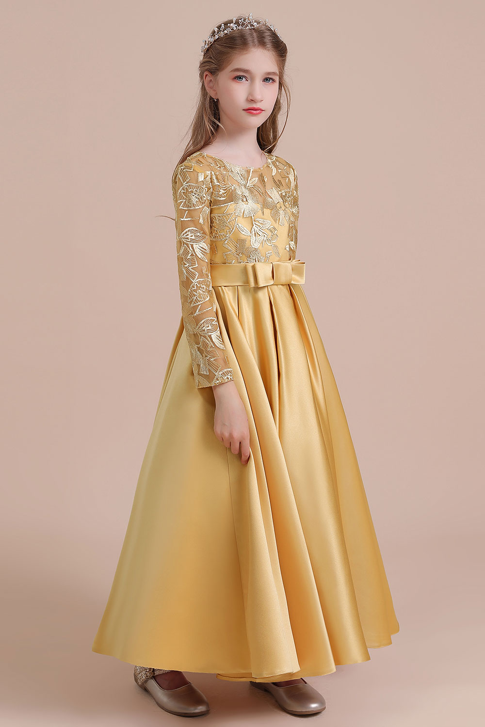 A-line Jewel Neck Long Sleeves Ankle-length Satin Flower Girl Dress With Embroidery 3