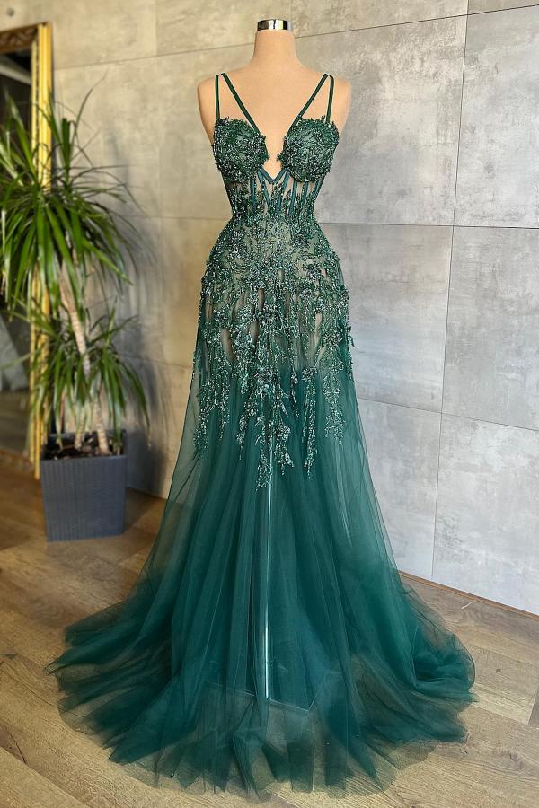 A-line Spaghetti Straps Sleeveless Floor-length Tulle Evening Gown With Ruffles 1