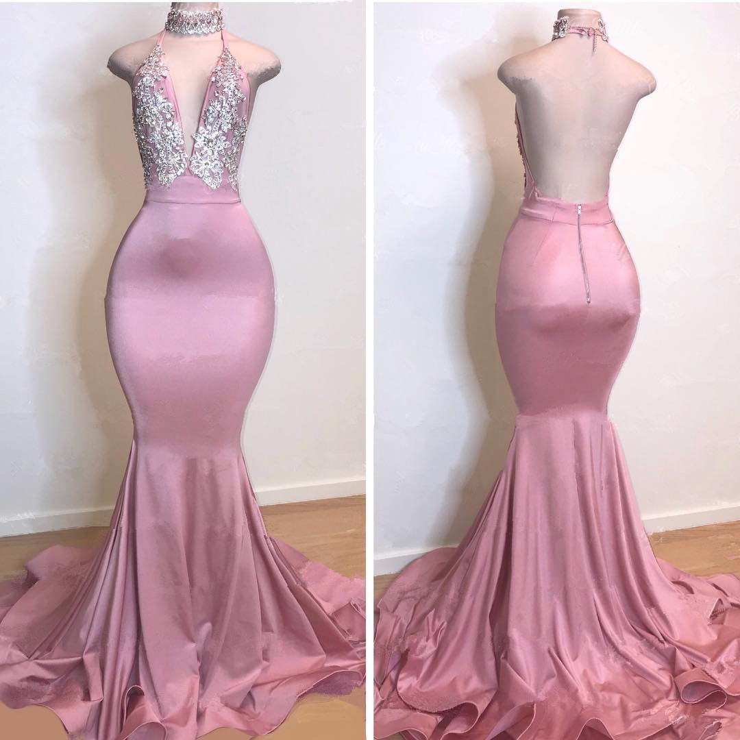 Mermaid V-neck Sleeveless Court Train Stretch Satin Formal Dress With Appliques 2