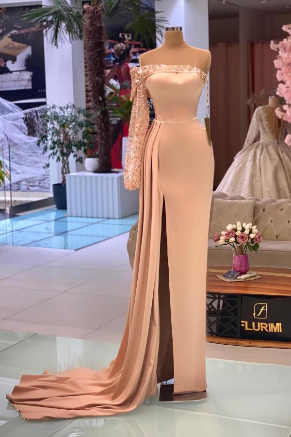 Column One Shoulder Long Sleeves Floor-length Stretch Satin Evening Dress With Crystal 2