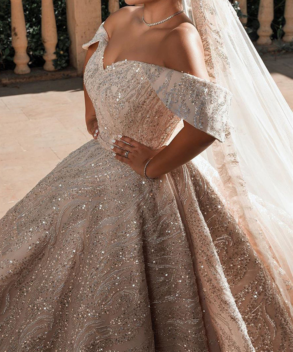Ball Gown Off-the-shoulder Cap Sleeves Sweep / Brush Train Satin Wedding Gown With Ruffles 2