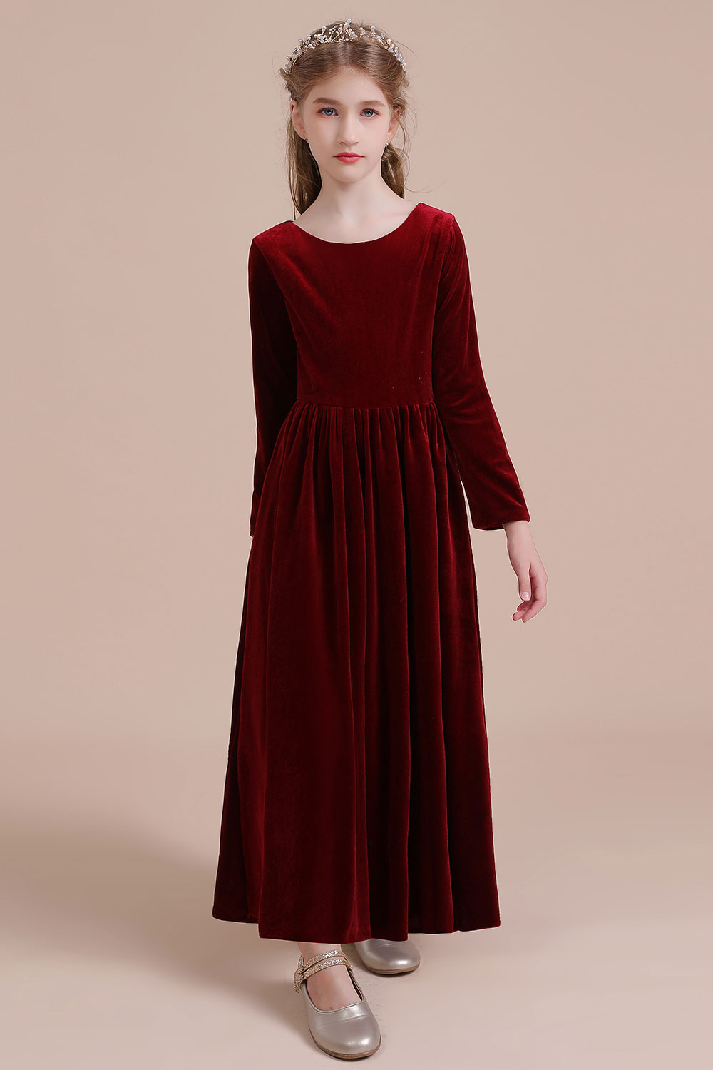 A-line Jewel Neck Long Sleeves Ankle-length Velvet Flower Girl Dress 7