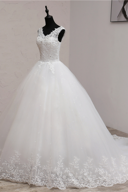 V-neck Sleeveless Floor-length Tulle Bridal Dress With Appliques 4