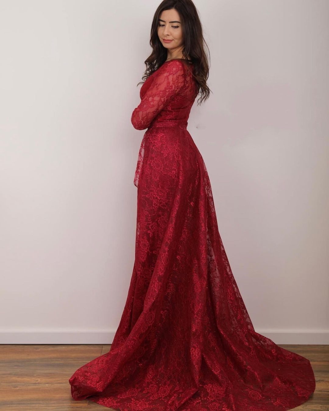 A-line Jewel Neck Long Sleeves Floor-length Lace Evening Dress With Lace 2