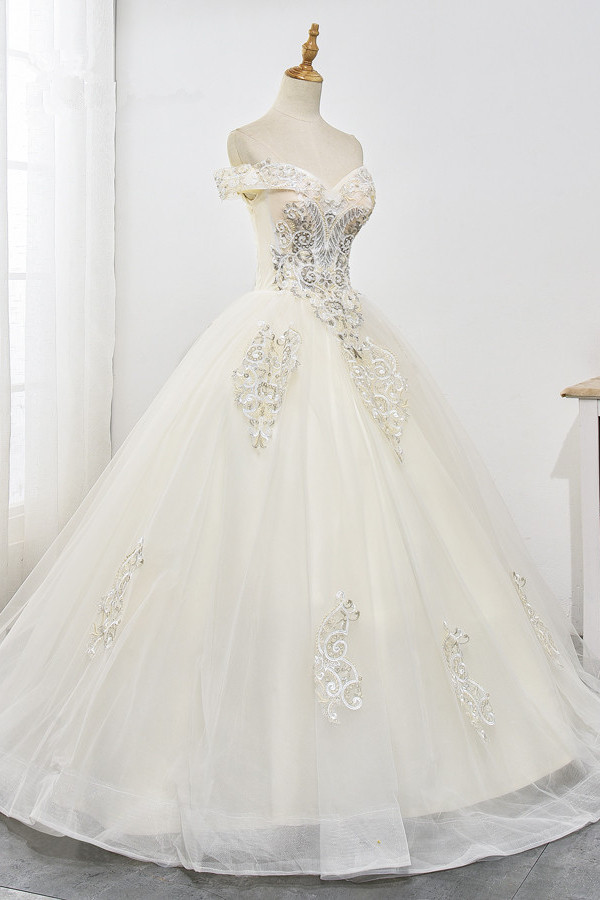 Ball Gown Off-the-shoulder Sweetheart Neck Floor-length Tulle Bridal Dress With Beading 4