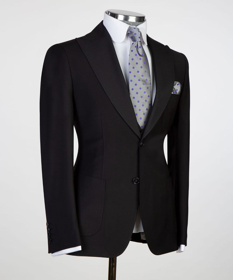 Black Two Buttons Peaked Lapel Business Men Suit 3
