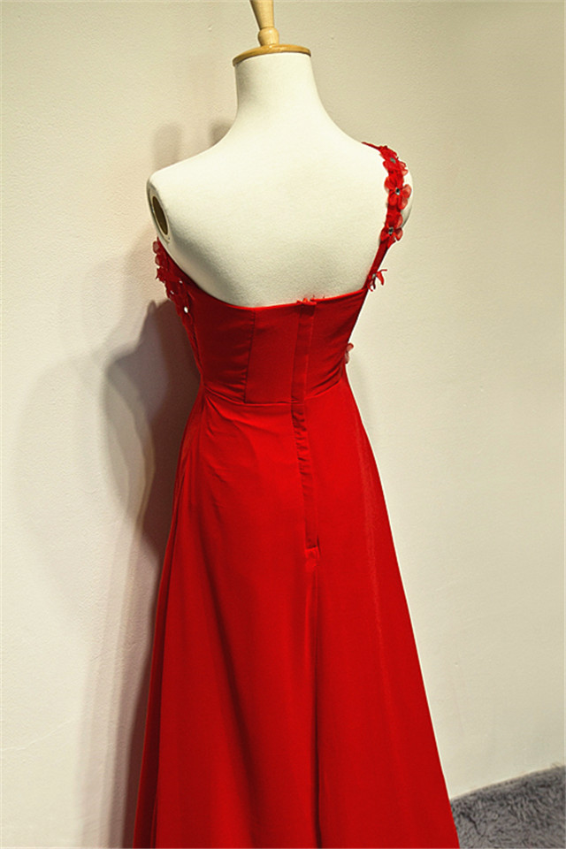 A-line One Shoulder Sleeveless Sweep / Brush Train 100D Chiffon Evening Dress With Flower(s) 2