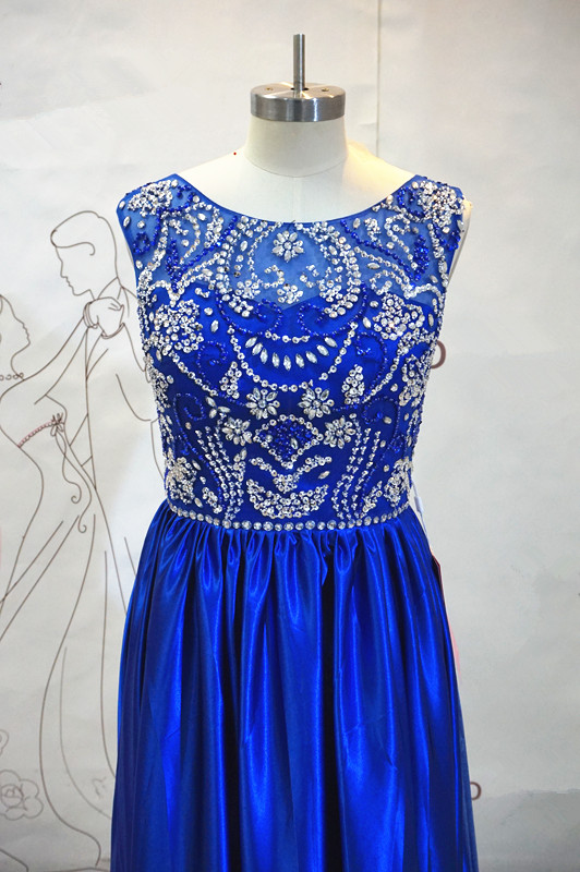 A-line Jewel Neck Sleeveless Floor-length Elastic Silk-like Satin Evening Dress With Crystal 2