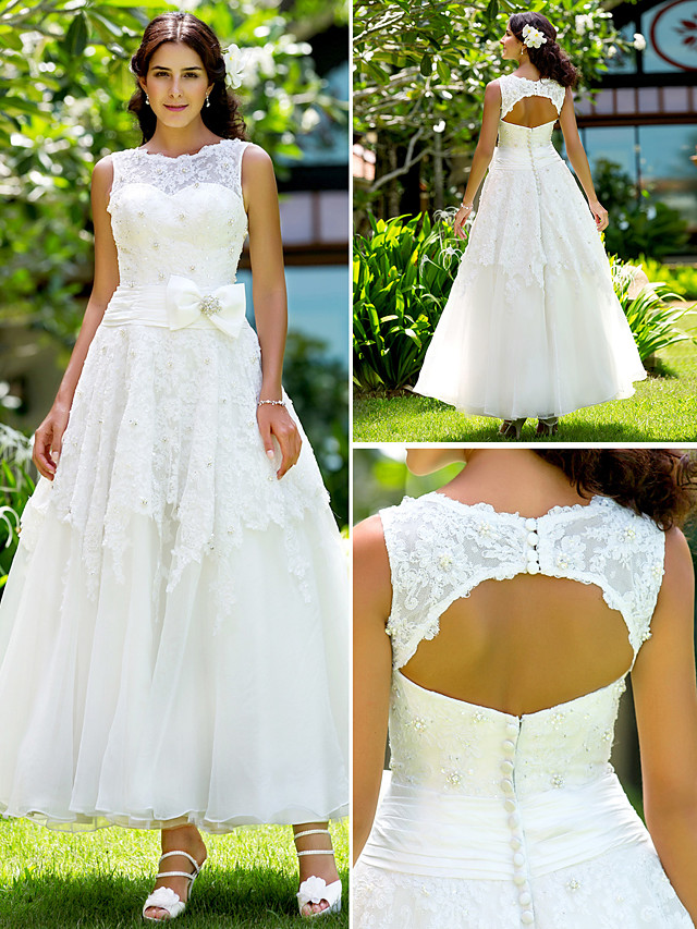 A-line Straps Bateau Neck Tea-length Tulle Wedding Dress With Lace 6