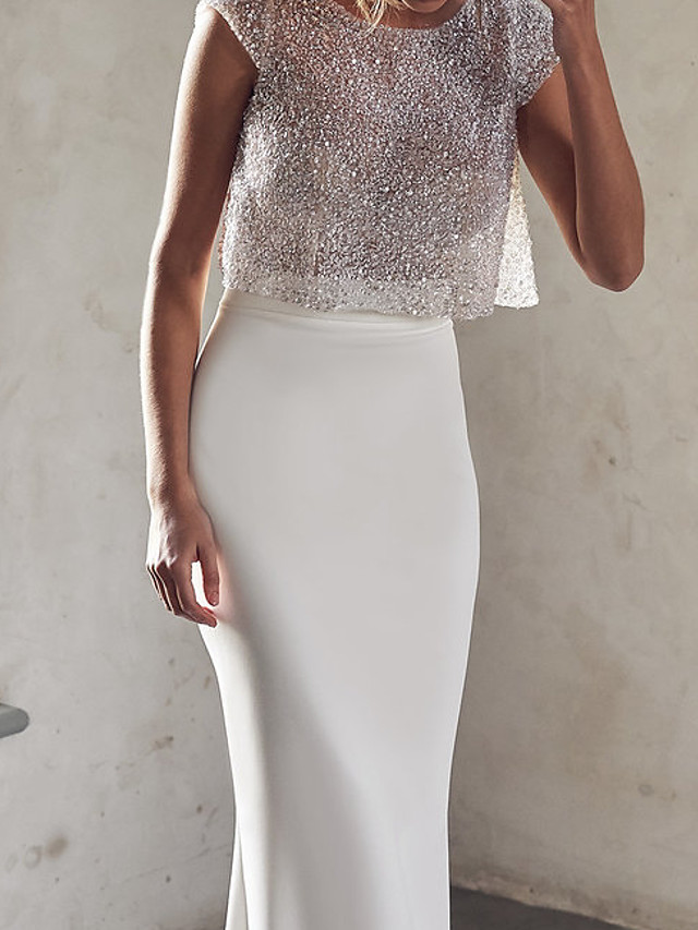 Two Pieces Cap Sleeves Court Train Tulle Wedding Dress With Sequins 3