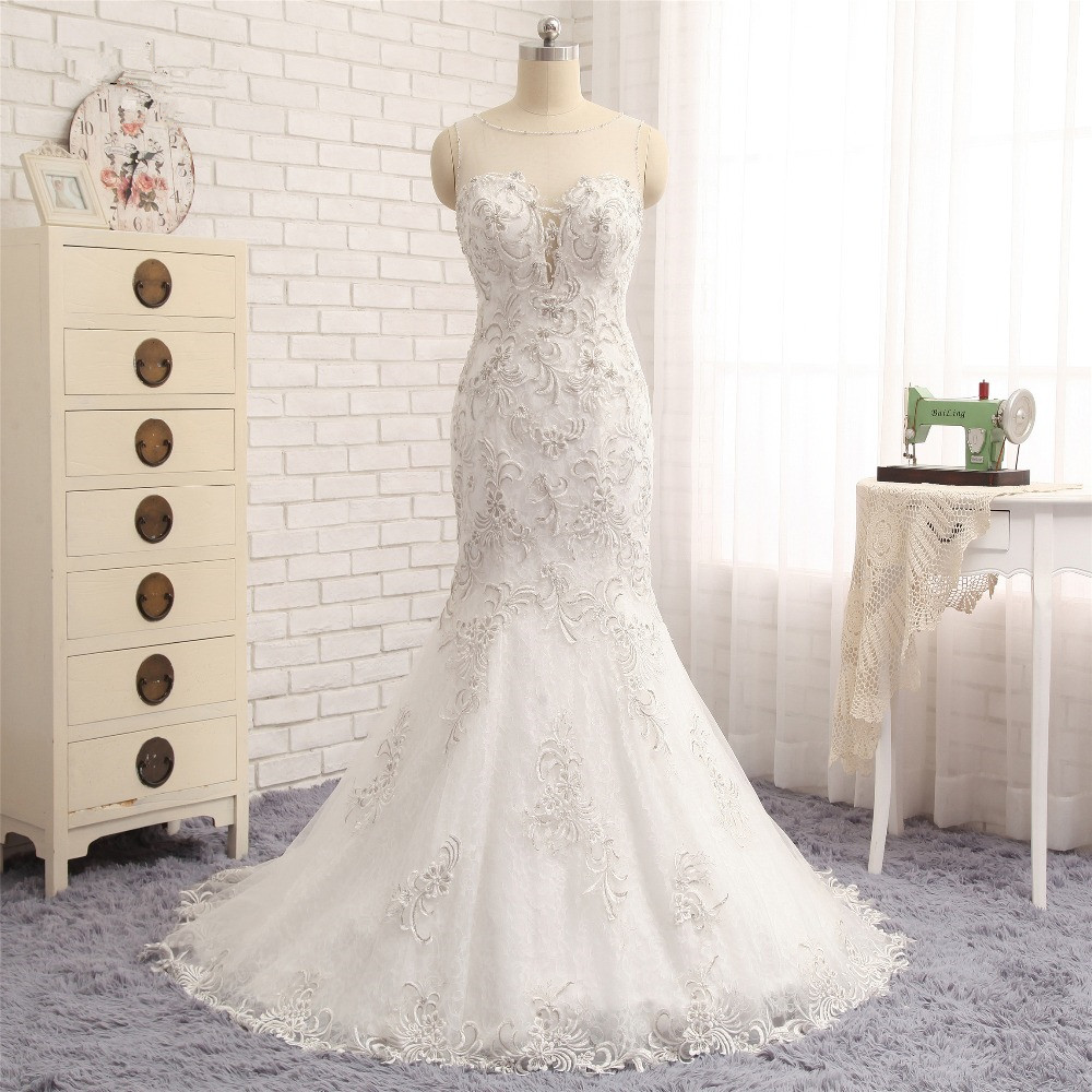 Mermaid Jewel Neck Sleeveless Floor-length Wedding Dress With Lace 6