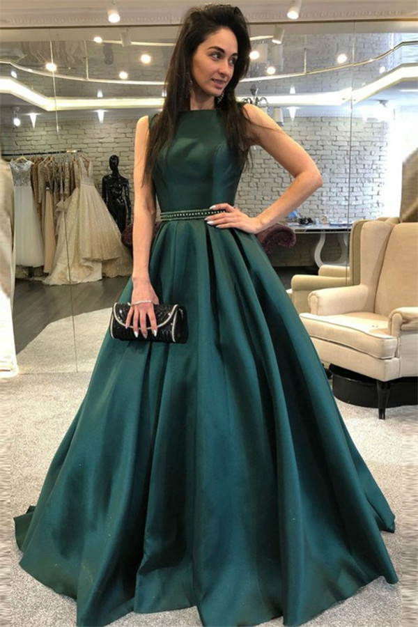 A-line Bateau Neck Sleeveless Court Train Evening Dress With Crystal 1