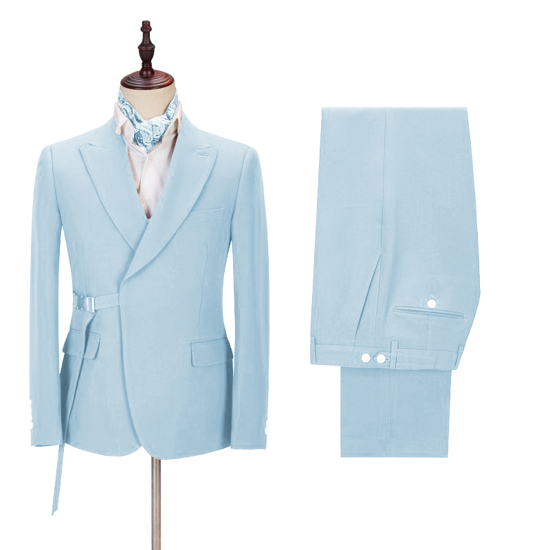 Sky Blue Peaked Lapel Men Suit with Adjustable Buckle 2