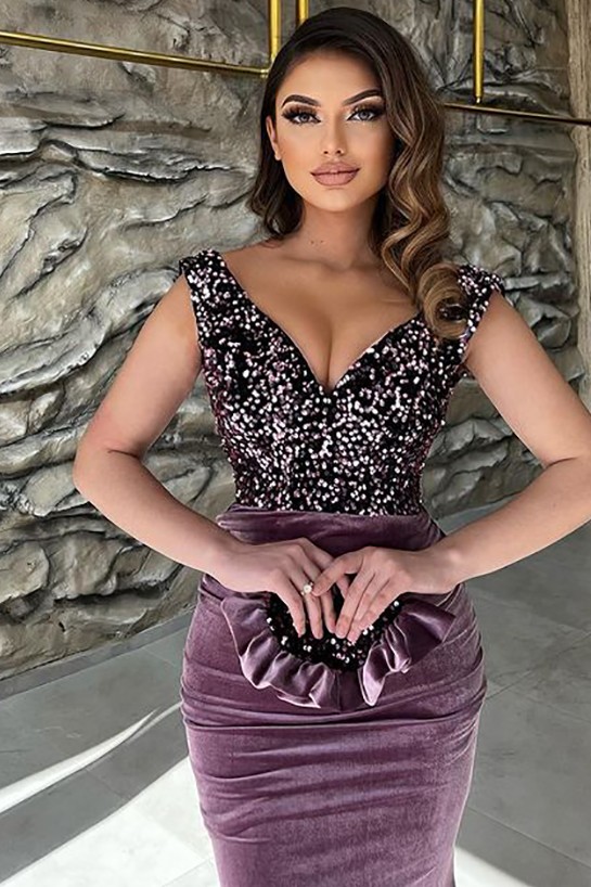 Column Straps V-neck Cap Sleeves Floor-length Spandex Evening Dress With Split Front 2