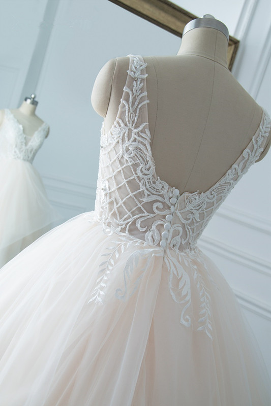 A-line V-neck Sleeveless Floor-length Tulle Wedding Dress With Appliques 5