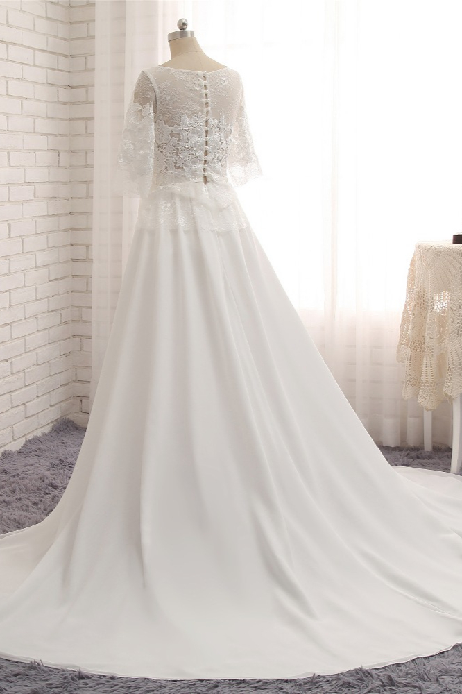 A-line Jewel Neck Half-Sleeves Floor-length 100D Chiffon Wedding Dress 2
