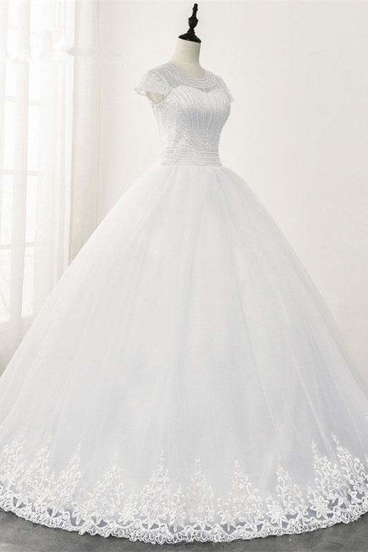 Ball Gown Jewel Neck Short Sleeves Floor-length Tulle Bridal Attire With Lace 4