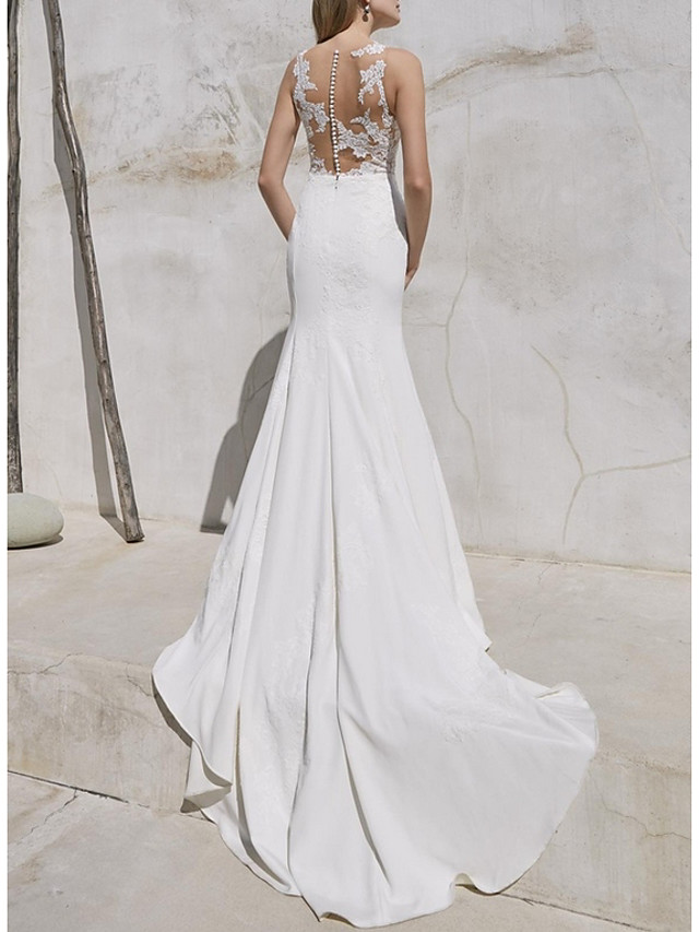 Mermaid Straps V-neck Sweep / Brush Train Lace Wedding Gown With Lace 2
