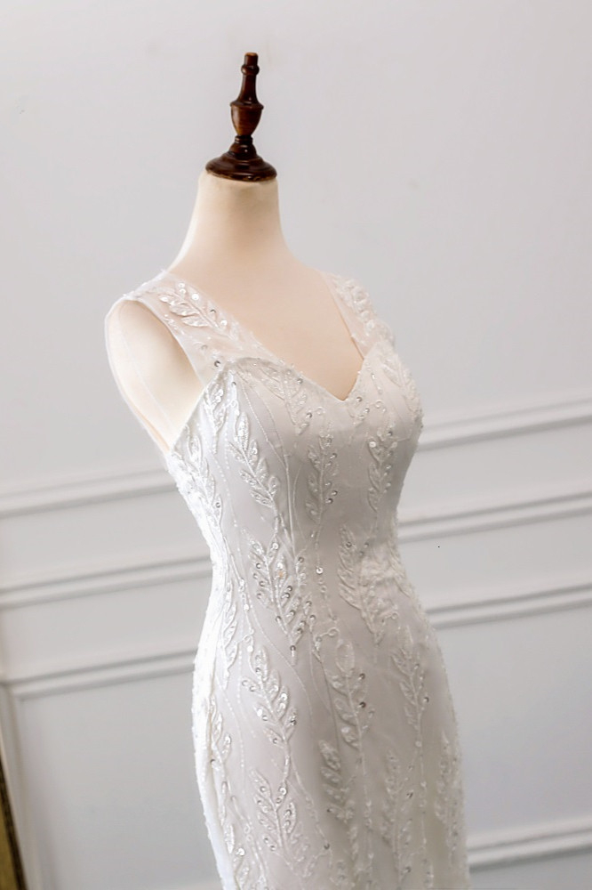Mermaid V-neck Sleeveless Floor-length Tulle Wedding Gown With Beading 6