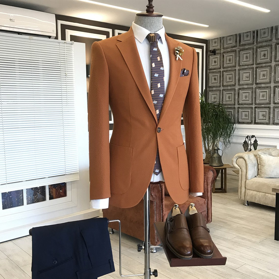 Orange Slim Fit Business Suit with Notched Lapel 2