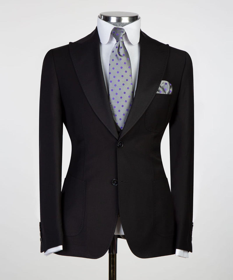 Black Two Buttons Peaked Lapel Business Men Suit 4