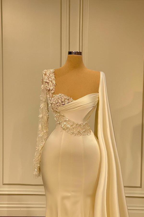 Mermaid Scalloped-Edge Long Sleeves Floor-length Stretch Satin Evening Dress With Beading 2