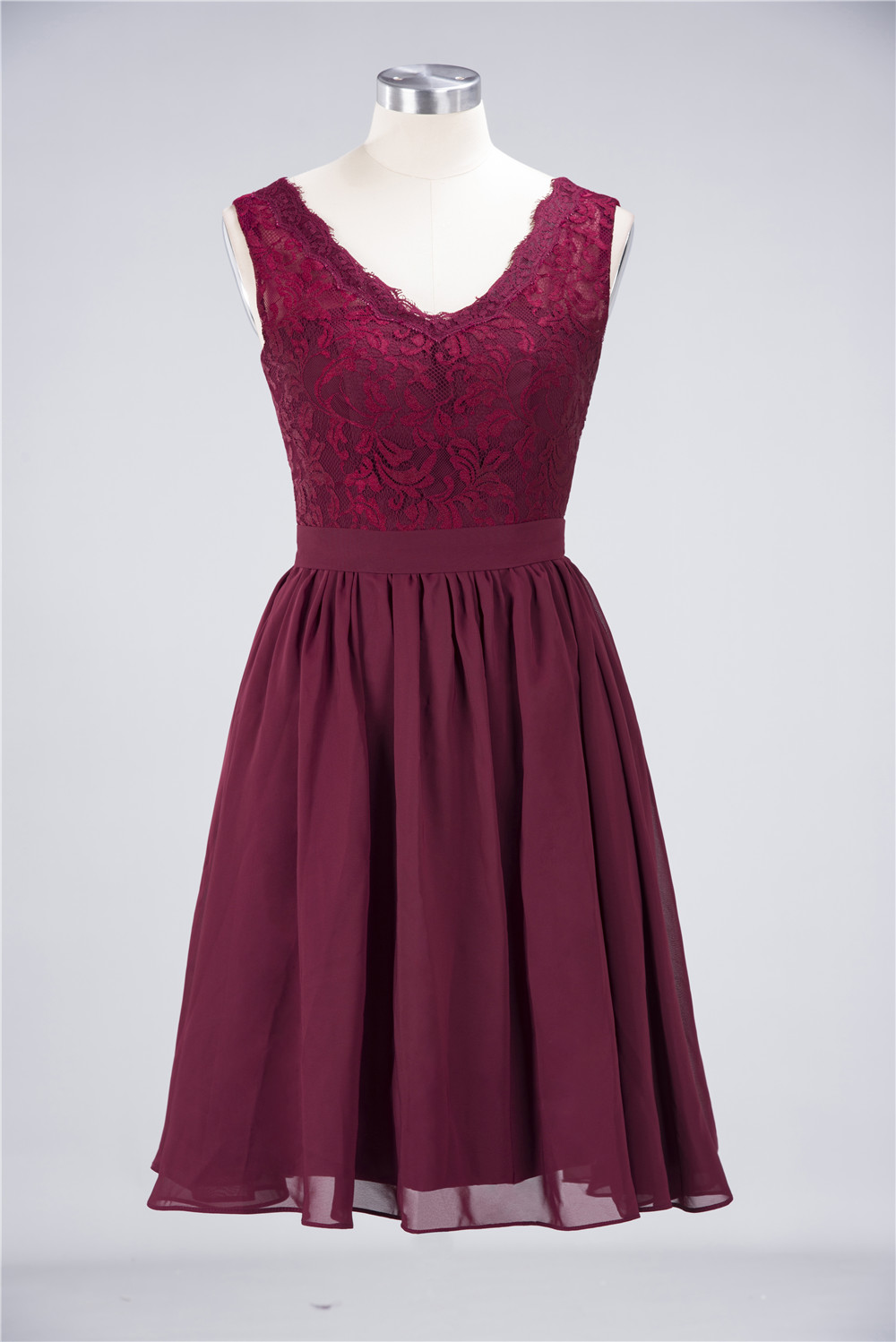 A-line V-neck Sleeveless Knee-length 100D Chiffon Bridesmaid Gown With Lace 1