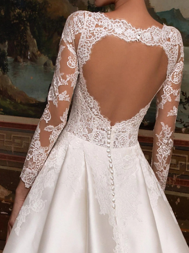 A-line V-neck Long Sleeves Court Train Tulle Wedding Dress With Lace 2