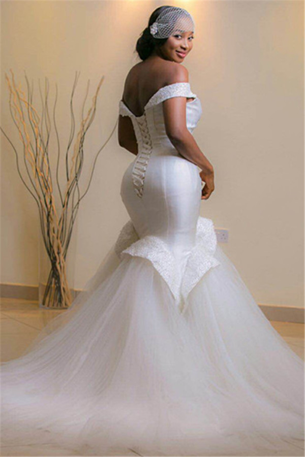 Mermaid Off-the-shoulder Sweep / Brush Train Tulle Bridal Gown With Beading 2