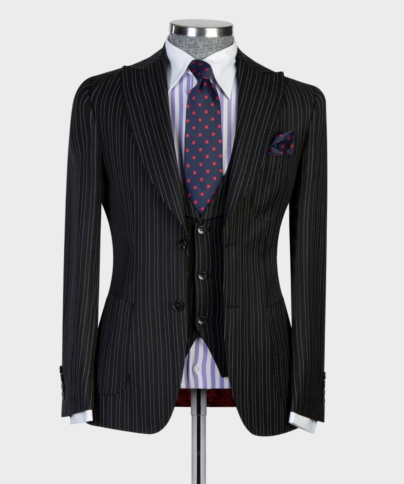 Black Striped Peaked Lapel Three Pieces Men Suit 5