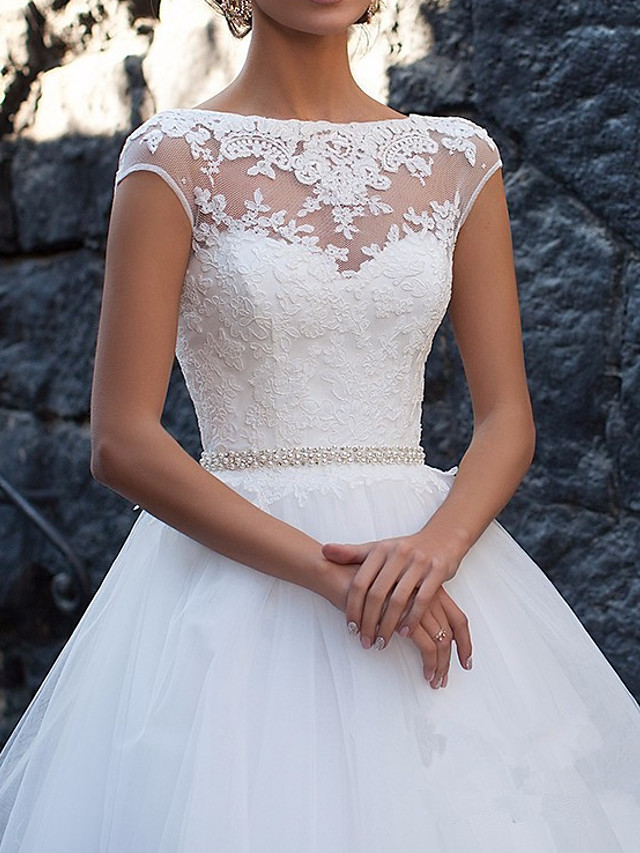 A-line Bateau Neck Cap Sleeves Cathedral Train Lace Wedding Gown With Lace 2