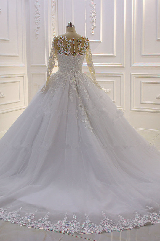 Ball Gown Jewel Neck Long Sleeves Floor-length Tulle Bridal Dress With Beading 5