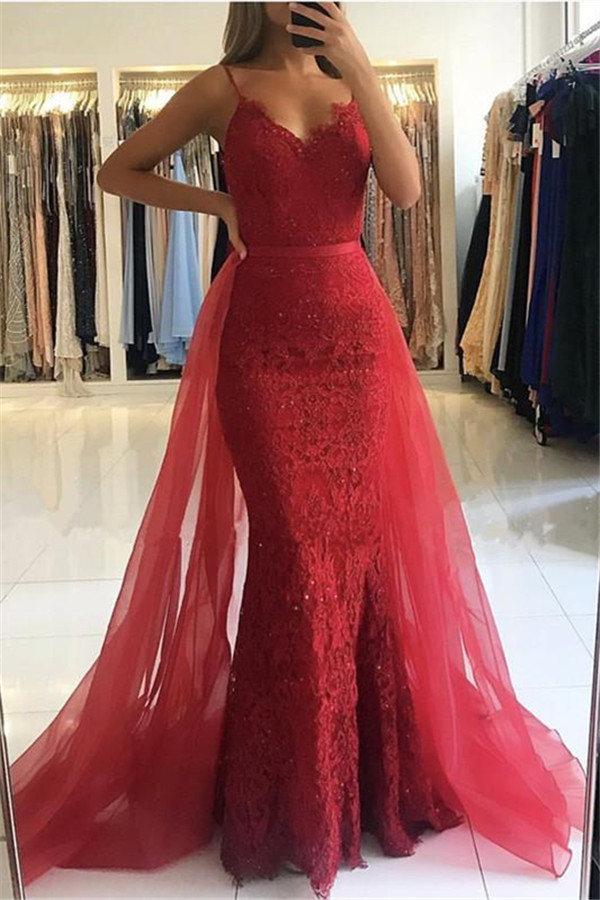 Column Spaghetti Straps Sleeveless Floor-length Evening Gown With Lace 1