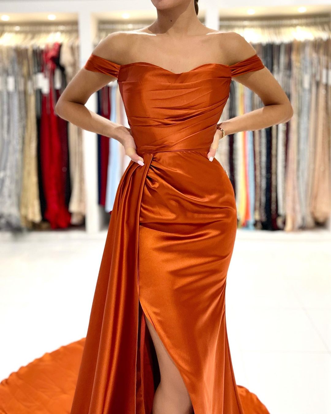 Mermaid Off-the-shoulder Sleeveless Floor-length Stretch Satin Cocktail Party Dress With Ruffles 5