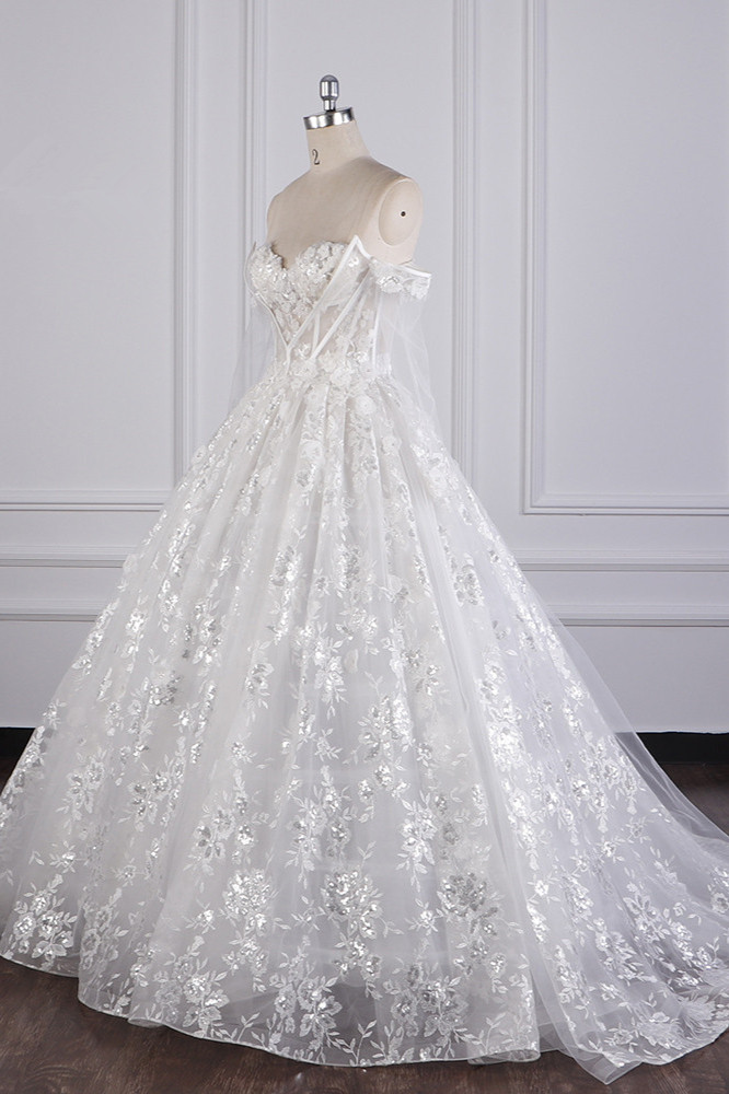 Ball Gown Off-the-shoulder Sweetheart Neck Sleeveless Floor-length Tulle Wedding Gown With Sequins 2