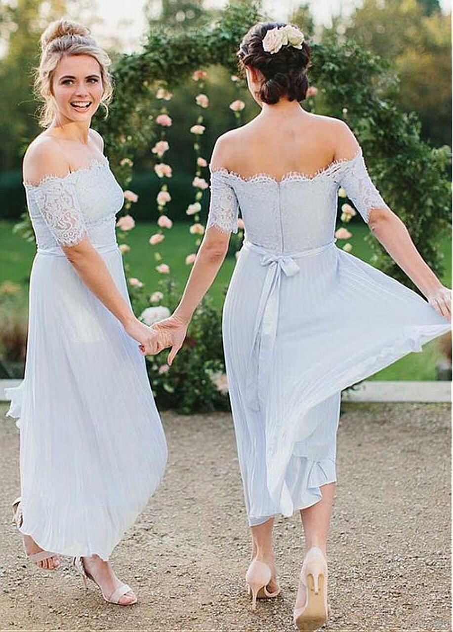 A-line Bateau Neck Half-Sleeves Tea-length Bridesmaid Attire 2