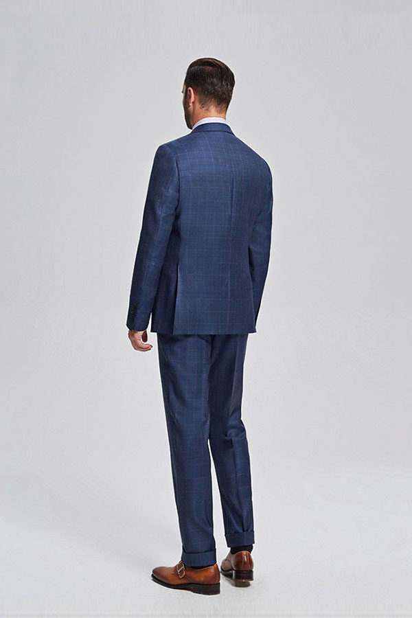 Blue Plaid Single Breasted Wool Blend Men's Business Suit with Three Flap Pockets 3